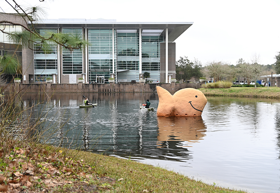 Goldfish sculpture in the lake outside of the library