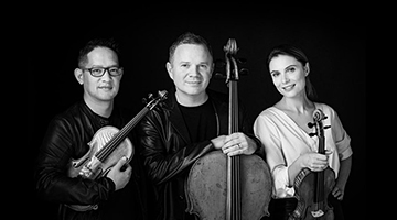 Black and white portrait of Aurica Duca, Clinton Dewing and Dr. Nick Curry with their instruments