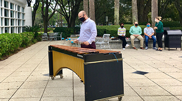Music students playing percussion outside at Mayo Clinic