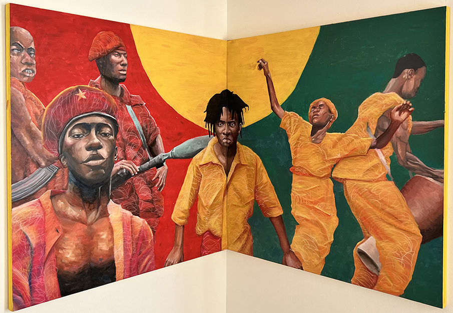 Anderson Goncalves, Angolan Portraits, 2021. Acrylic, oil paint, oil pastels, and cotton fabric on wood panel. Diptych, 4 x 4 feet each. Courtesy of the artist. Photo by Gabe Melson.