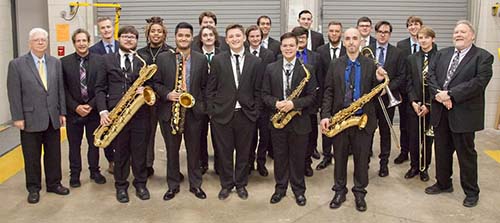Large group of UNF music students and alumni backstage at the Annual Great American Jazz Series Concert