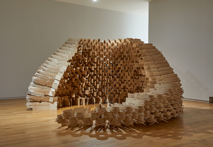 © Maud Cotter, without stilling, 2017-2018, finnish birch ply, weights, 3.5 x 3.5 x 3.5 m, Dublin City Gallery The Hugh Lane, 2021. Courtesy the artist and domobaal. Photography by Denis Mortell.