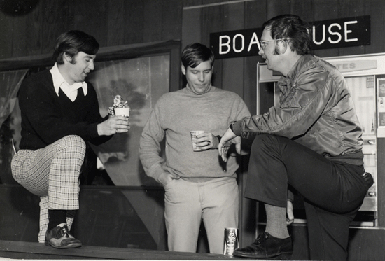 Three gentleman socializing at the UNF Boathouse restaurant in the 1970s