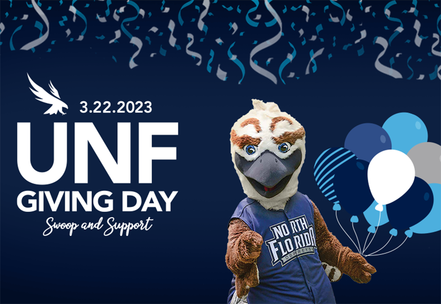 Graphic of Ozzie holding fake balloons and writing that says "3.22.2023, UNF Giving Day, Swoop and Support"