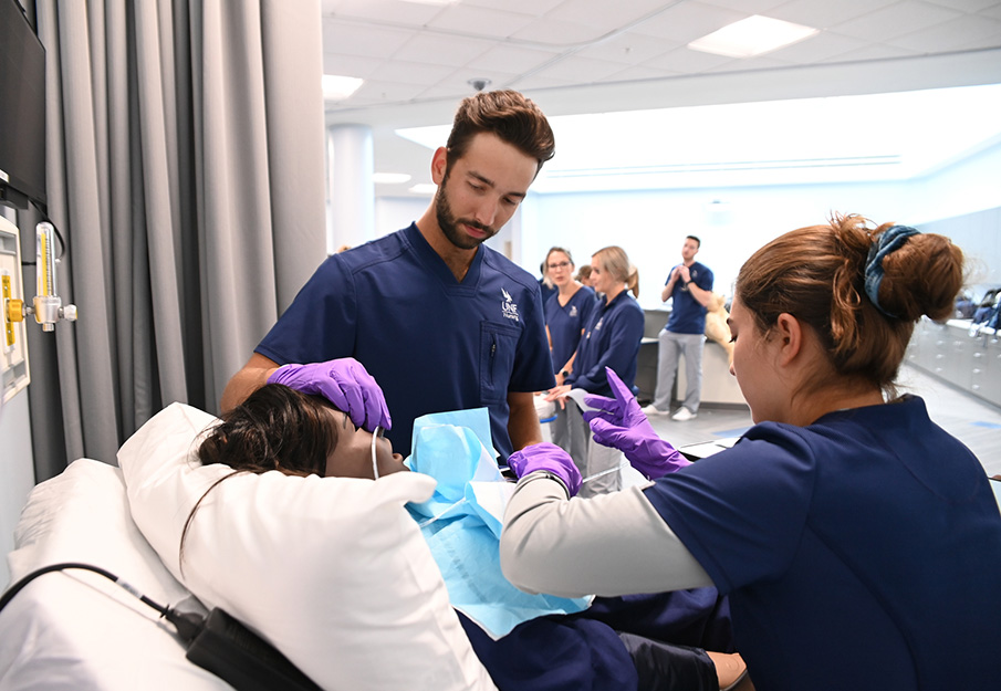 Nursing students practicing their skills on a dummy patient