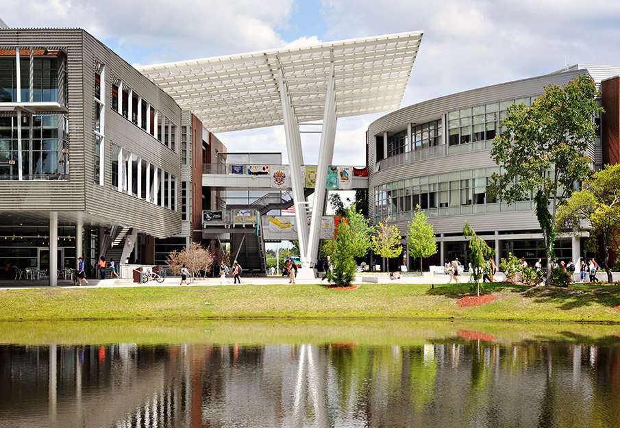 Student Union building with signs of clubs