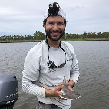 Matthew Bernanke posing with a hammerhead shark he tagged