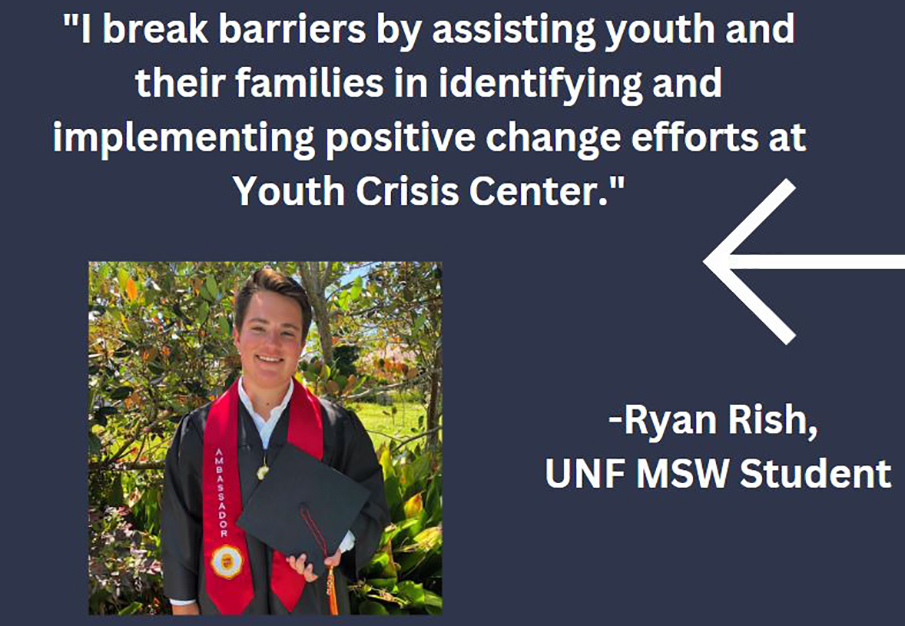 Photo of a student with the words "I break barriers by assisting youth and their families in identifying and implementing positive change efforts at Youth Crisis Center. -Ryan Rish, UNF MSW Student" 