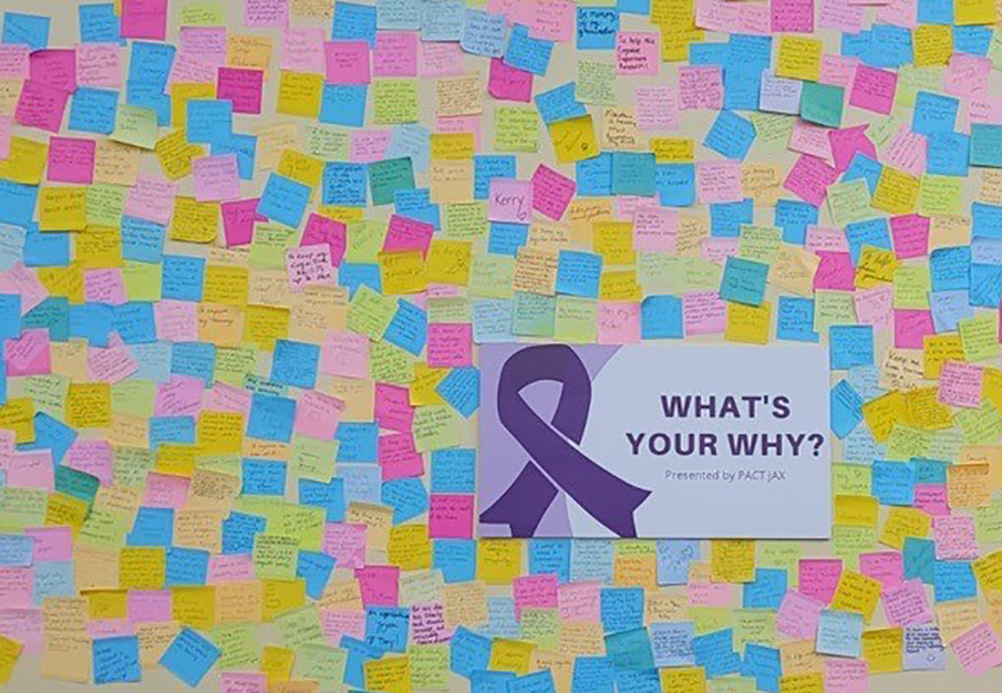 PACT Wall of Why covered in various colors of blue, pink, yellow and green sticky notes written with participants reason for joining the study