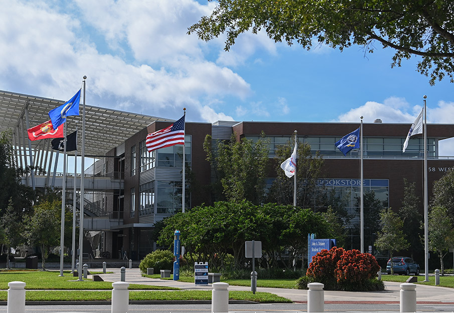 Front of Student Union with all flags flying