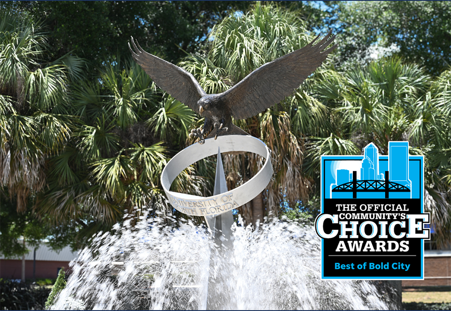 Best of Bold City Community’s Choice Award badge with the Osprey Fountain in the background