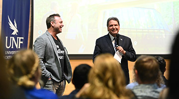 UNF President Moez Limayem and College Tour host Alex Boylane