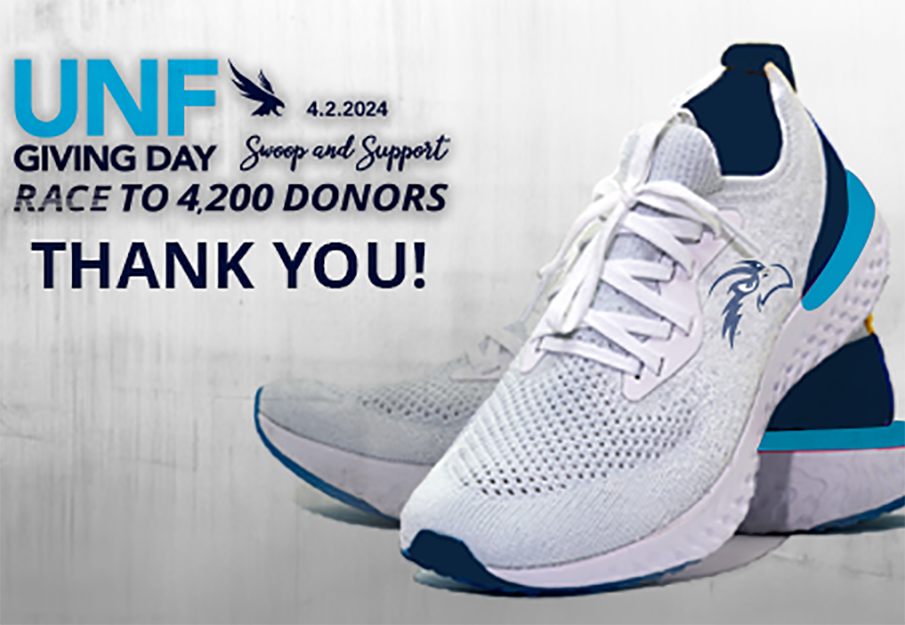 Photo graphic of tennis shoes next to 'UNF Giving Day, Race to 4,200 Donors, Thank you!'