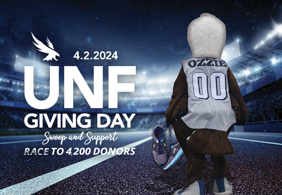 Graphic with back of Ozzie holding tennis shoes in an arena and reads "4.2.2024, UNF Giving Day, Swoop and Support, Race to 4,200 Donors"