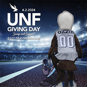 Ozzie holding tennis shoes in an arena and text of 4.2.2024, UNF Giving Day, Swoop and Support, Race to 4,200 Donors