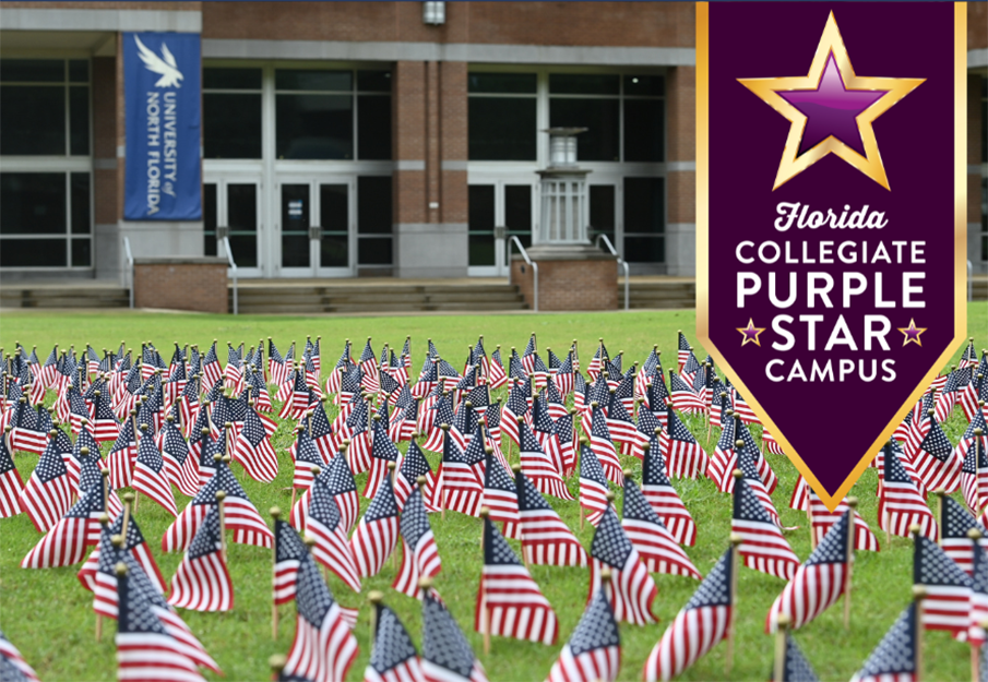 A graphic badge sayings 'Florida Collegiate Purple star Campus' over a photo of the Green in front of the Fine Arts Center covered with small American flags