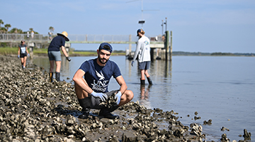 Victor Ritz collecting oyster shells