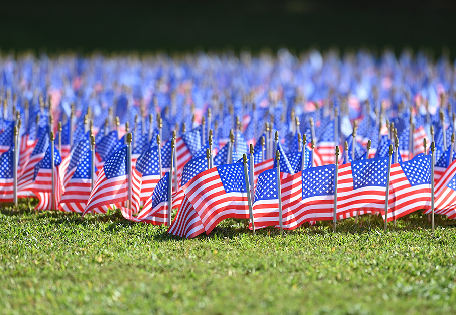 Tiny American flags out on the Green