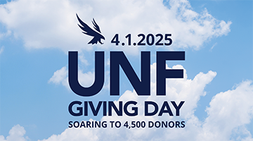 UNF Giving Day 2025 on cloudy blue sky and "4.1.2025; UNF Giving Day; Soaring to 4,500 Donors"