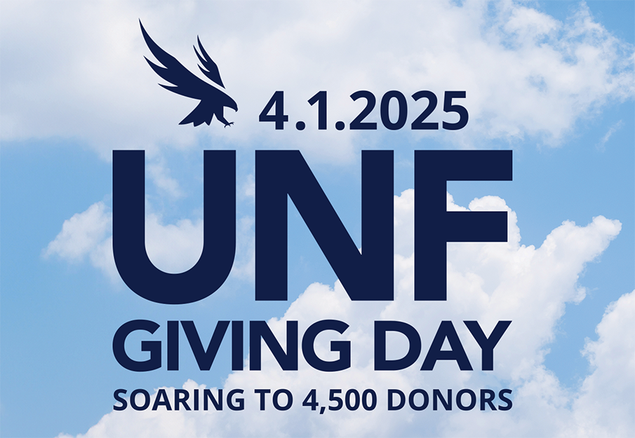 UNF Giving Day 2025 Graphic that says "4.1.2025; UNF Giving Day; Soaring to 4,500 Donors"