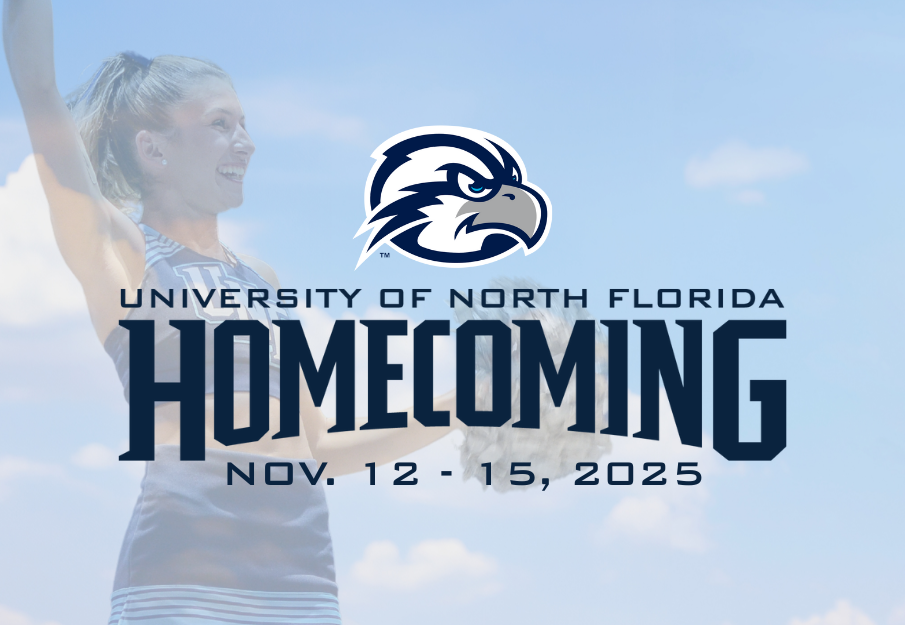 University of North Florida Homecoming, Nov. 13 - 15, 2025, with cheerleader and clouds in background