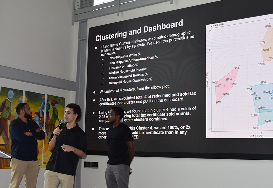 Three students presenting in front of a screen