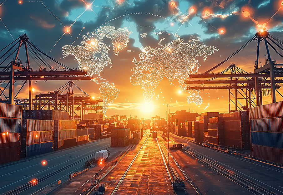 Shipping yard with a graphic of trade routes - from Adobe Stock