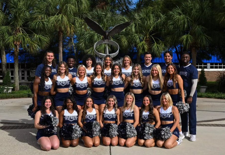 2025 UNF Cheer Team posed in front of Osprey Fountain