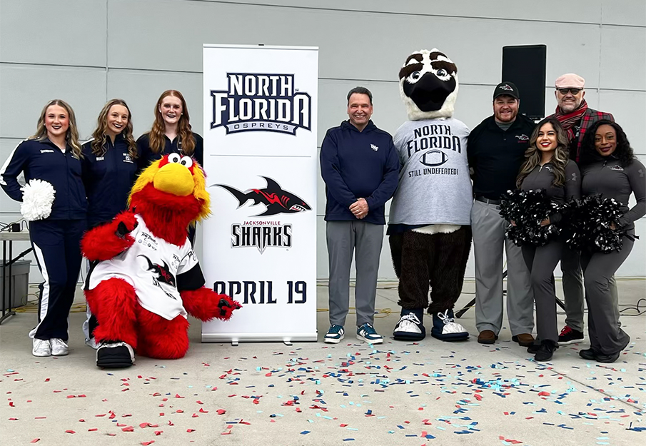 UNF President and Jacksonville Sharks President, mascots, cheerleaders