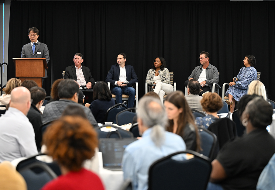 Albert Loh, Jack Boyle, Colin Tarbert, Samantha Vance, Greg McGarity and Whitney Meyer sitting on panel