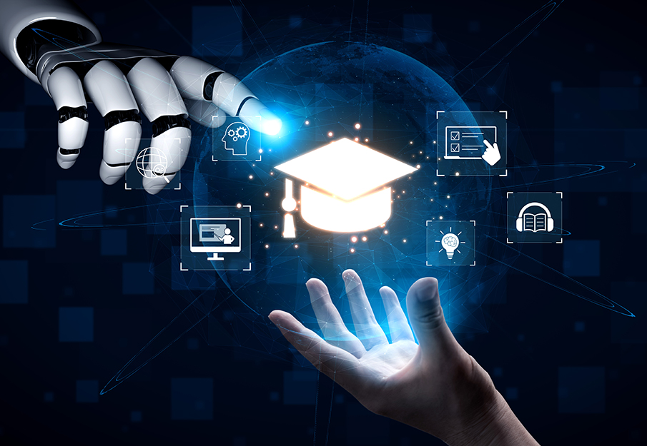 Human hand and robot hand reaching out to each other with a bubble of a graduation cap in between