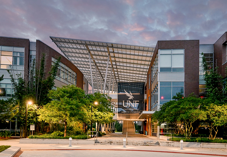 Student Union with sun rising behind it