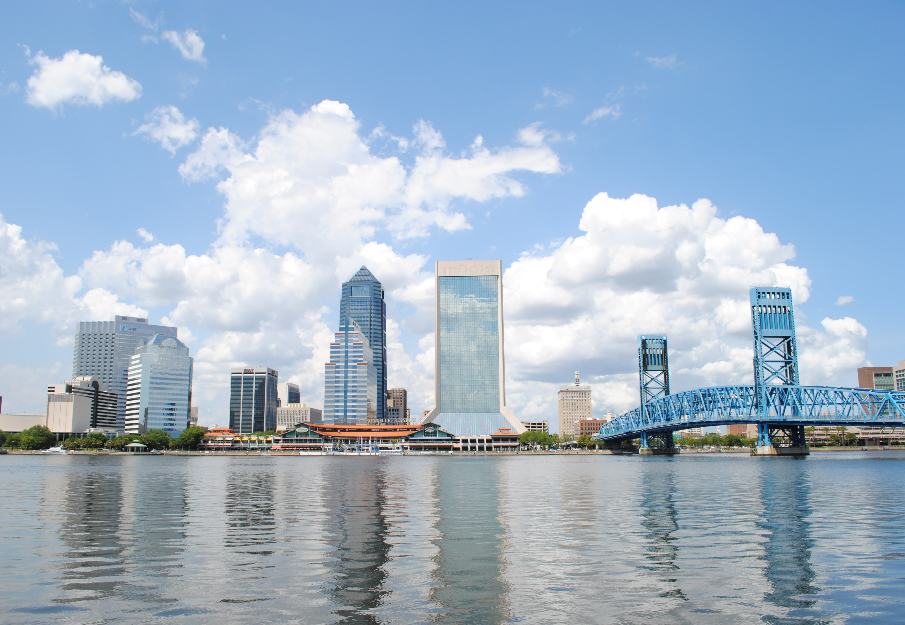 Panoramic shot of Downtown Jacksonville across the river on a sunny day