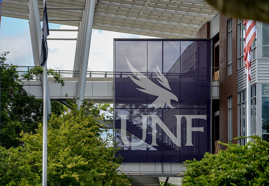 UNF banner outside the student union