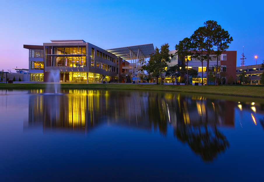 Outside view of the student union at sunset