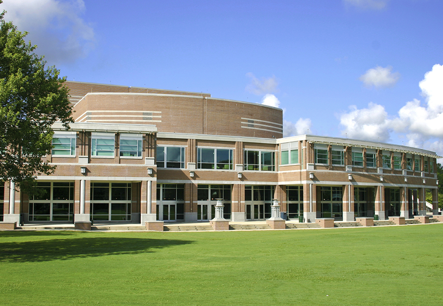 Outside view of the Fine Arts Center building on a sunny day