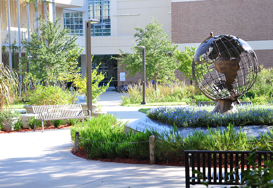 Globe sculpture on campus