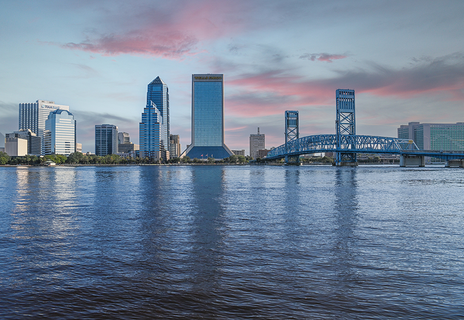 View of the St. Johns River and the Jacksonville skyline at sunset