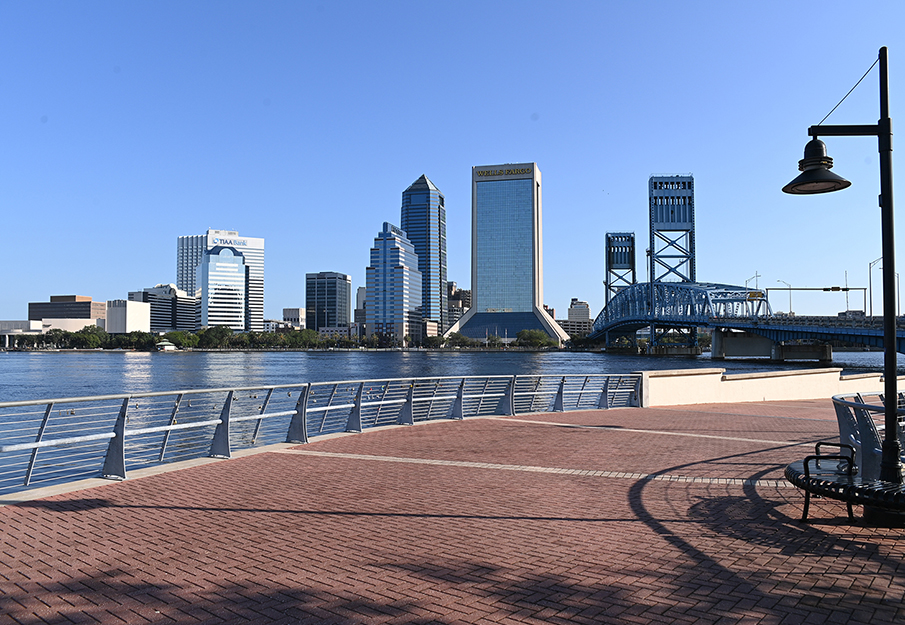 View of the downtown skyline from a sunny spot across the river