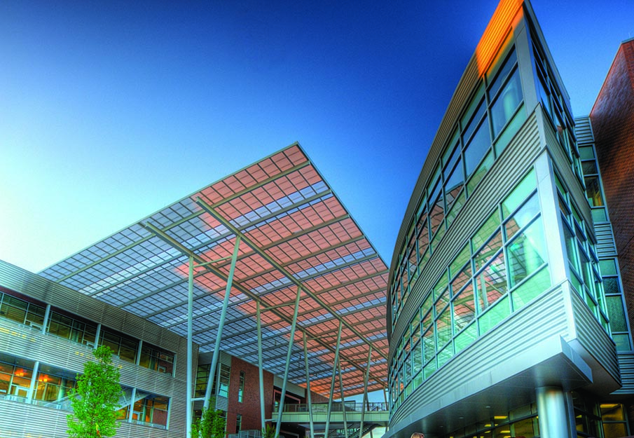 Outside view of a building on campus with flowers in the foreground