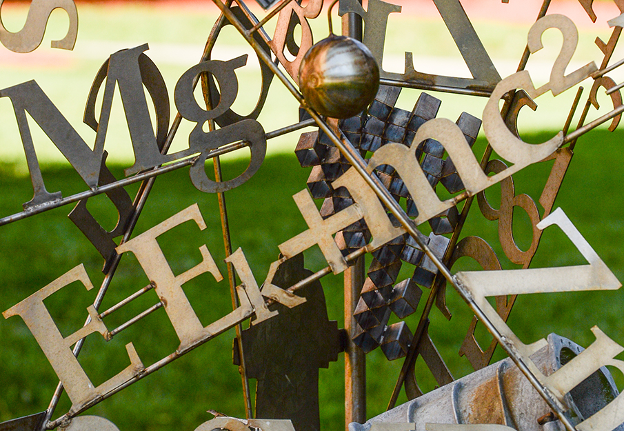 Metal statue of elements outside the CCEC building