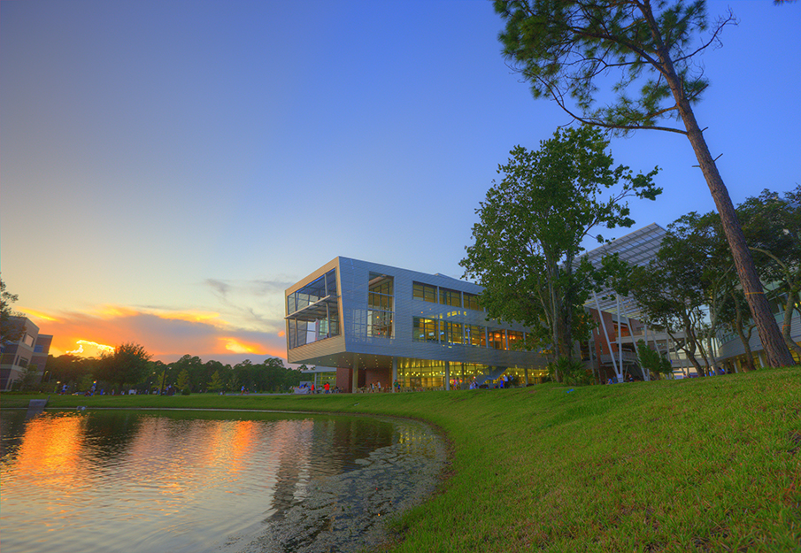 Outside view of the student union at sunset