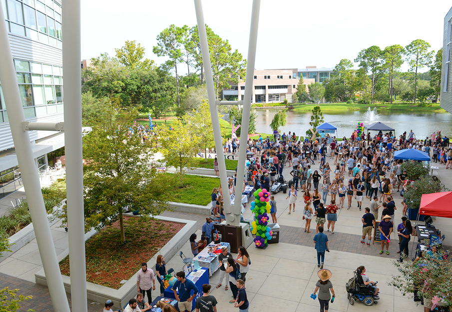 Student Union courtyard filled with students