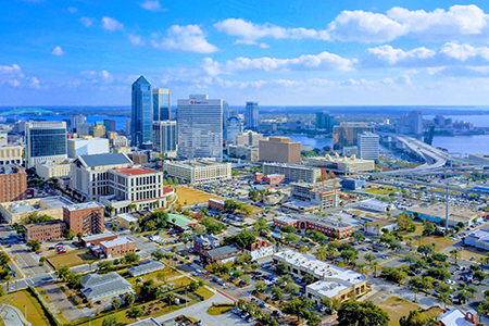downtown streets of jacksonville and a cloudy skyline