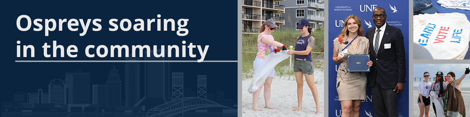 Ospreys soaring in the community collage of students cleaning up at the beach and receiving an award and canvas bag with early vote life on it