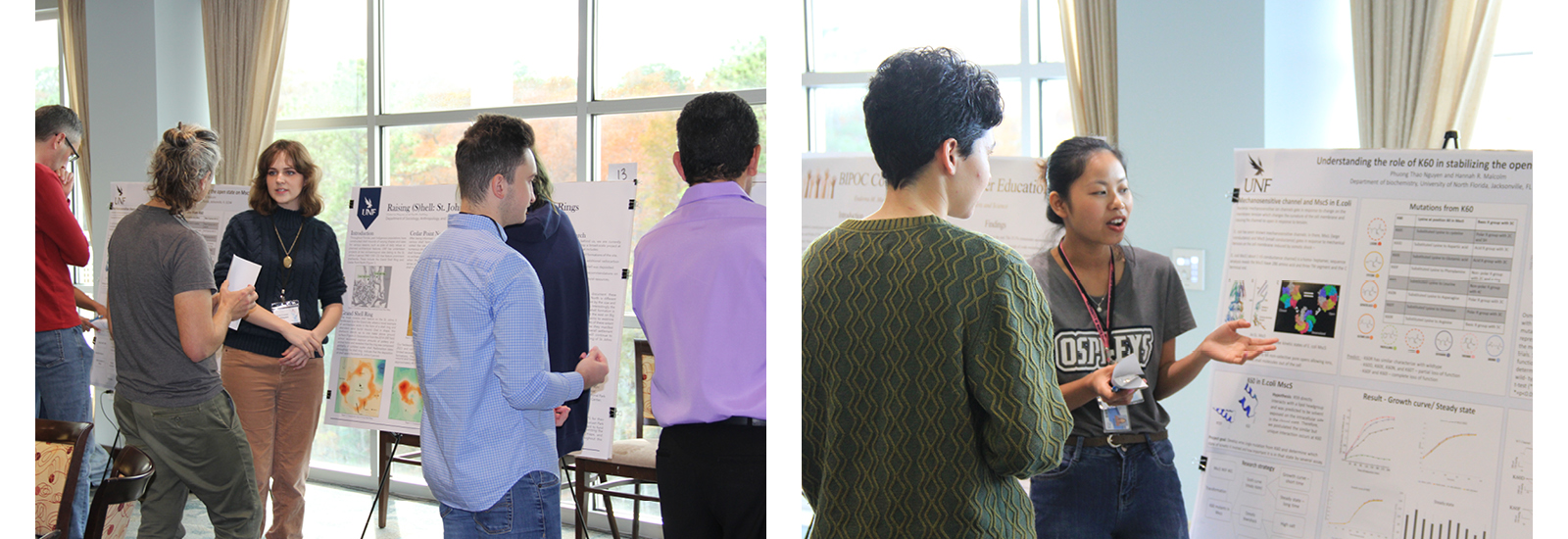 Two U-GLIDE 2024 Poster Sessions featuring different students presenting their posters to faculty and fellow students