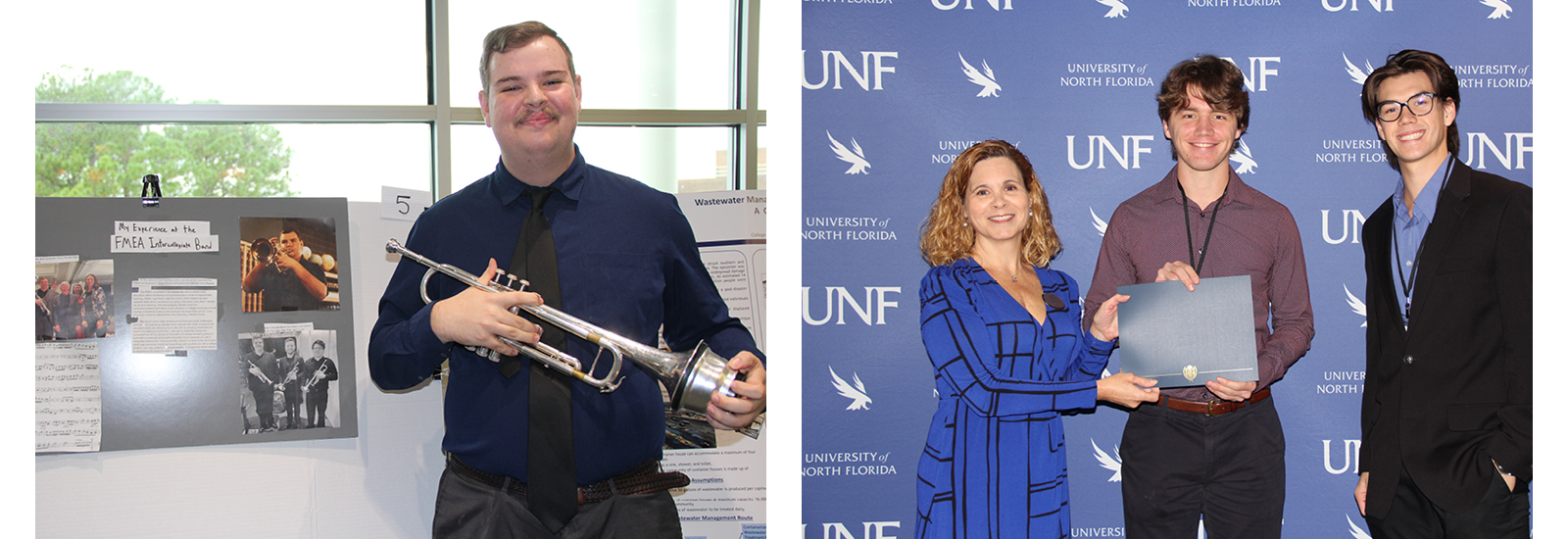 A student presenter holding a trumpet by their poster and two other students receiving their award from Dr. Ochrietor