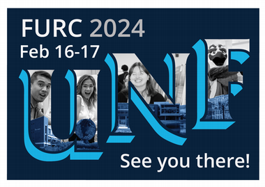 FURC 2024 Postcard featuring UNF lettering with grayscale images of students and mascots in the center and the words Feb 16-17 See you there!