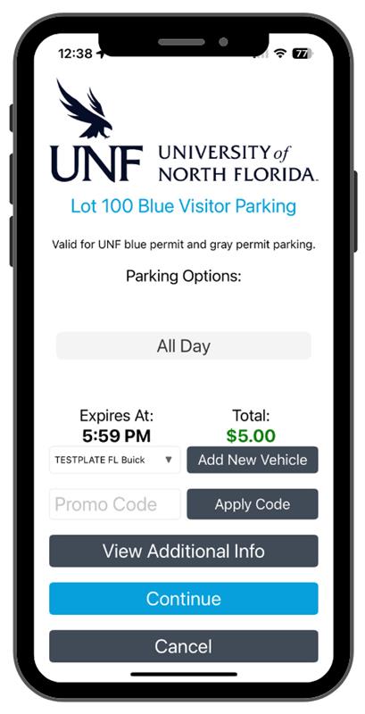 A screen shot of the page to enter information when using the AIMS Mobile Pay parking app. 