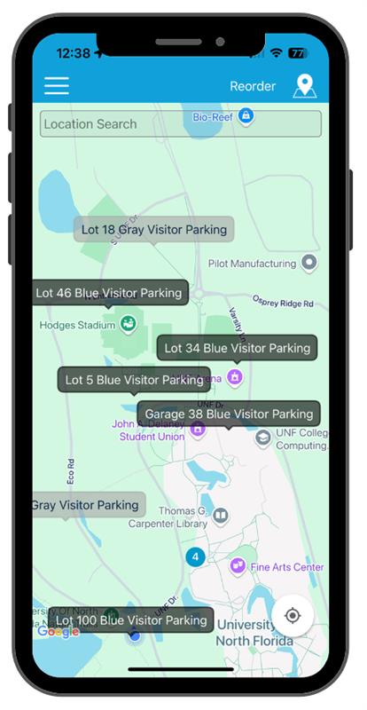 Cell phone screen shot of campus map to choose lot location to park in. 